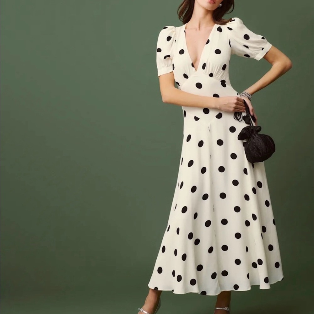 Reformation Naira Polka Dot V-Neck Midi Dress in White and Black, Pluto Dot, 4